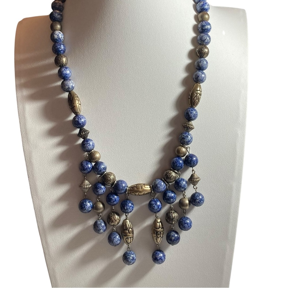 Vintage Tribal Style Necklace Blue Marbled Beads & Brass Scarab Dangles
